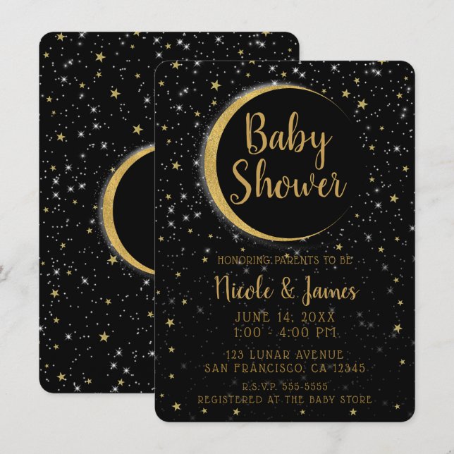 Black Gold Celestial Moon Magic Stars Baby Shower Invitation (Front/Back)