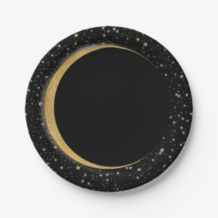 Black & Gold Celestial Moon Stars Lunar Magic Paper Plate