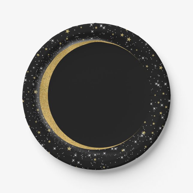 Black & Gold Celestial Moon Stars Lunar Magic Paper Plate (Front)