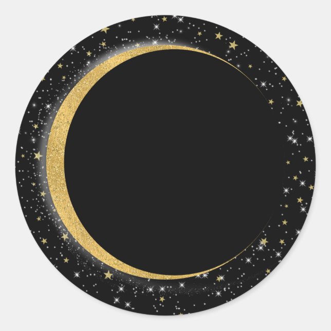 Black & Gold Celestial Moon Stars Lunar Night Classic Round Sticker (Front)