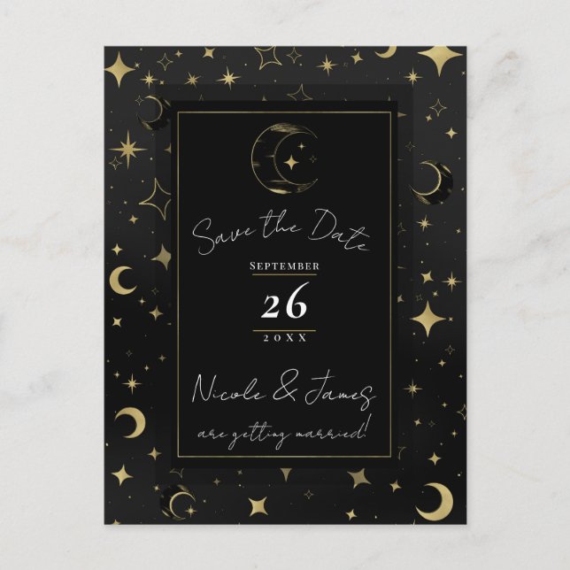 Black & Gold Celestial Moon & Stars Save the Date Announcement Postcard (Front)