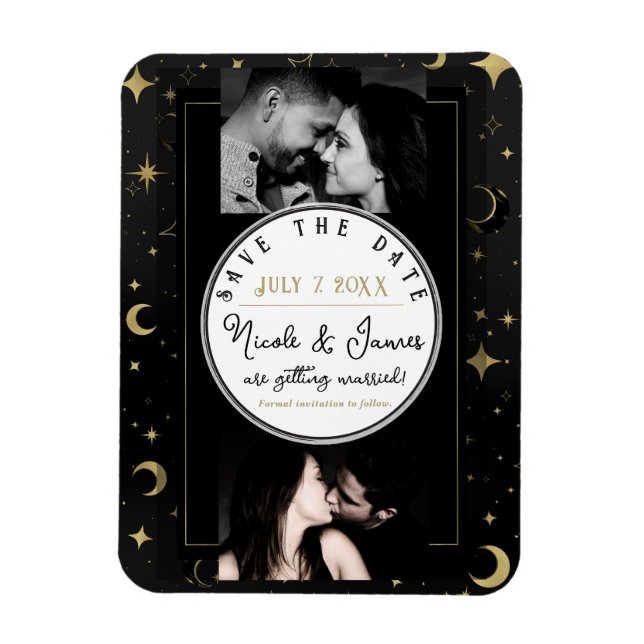 Black & Gold Celestial Moon & Stars Save the Date Magnet (Vertical)