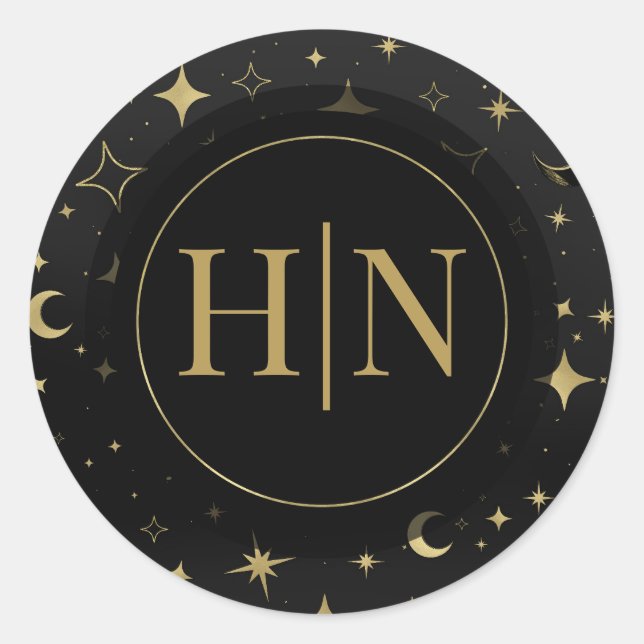 Black & Gold Celestial Moon Stars Wedding Classic Round Sticker (Front)