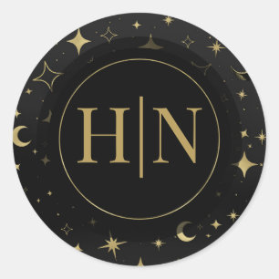 Black & Gold Celestial Moon Stars Wedding Classic Round Sticker