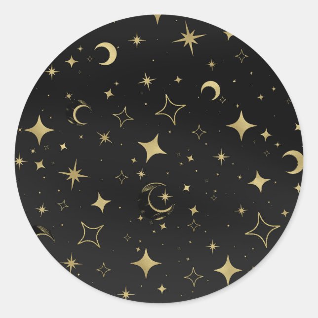 Black & Gold Celestial Moon Stars Wedding Classic Round Sticker (Front)