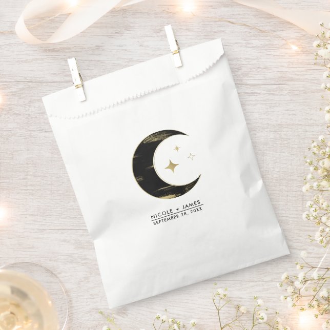 Black & Gold Celestial Moon Stars Wedding Favour Bags (Clipped)
