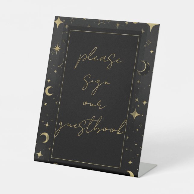 Black & Gold Celestial Moon Stars Wedding  Pedestal Sign (Front)