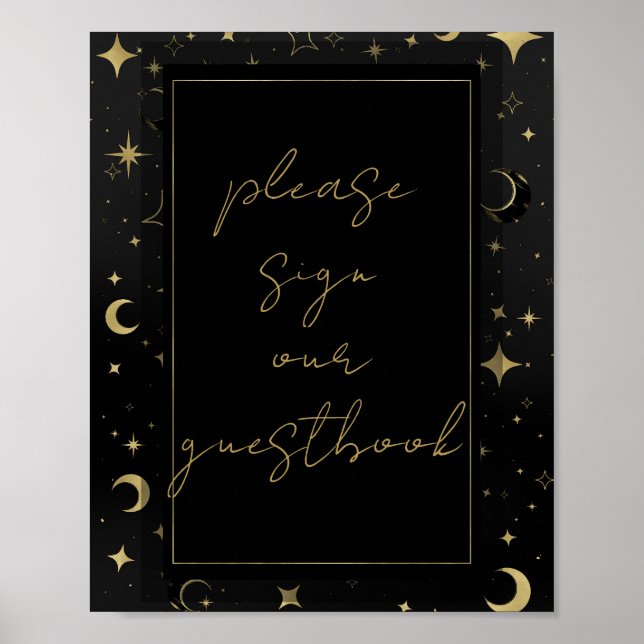 Black & Gold Celestial Moon Stars Wedding  Poster (Front)