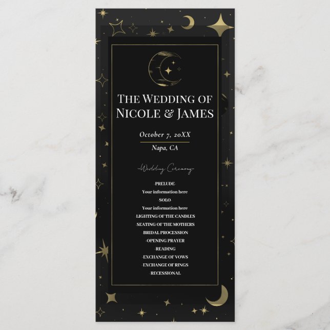 Black & Gold Celestial Moon Stars Wedding Program Programme (Front)