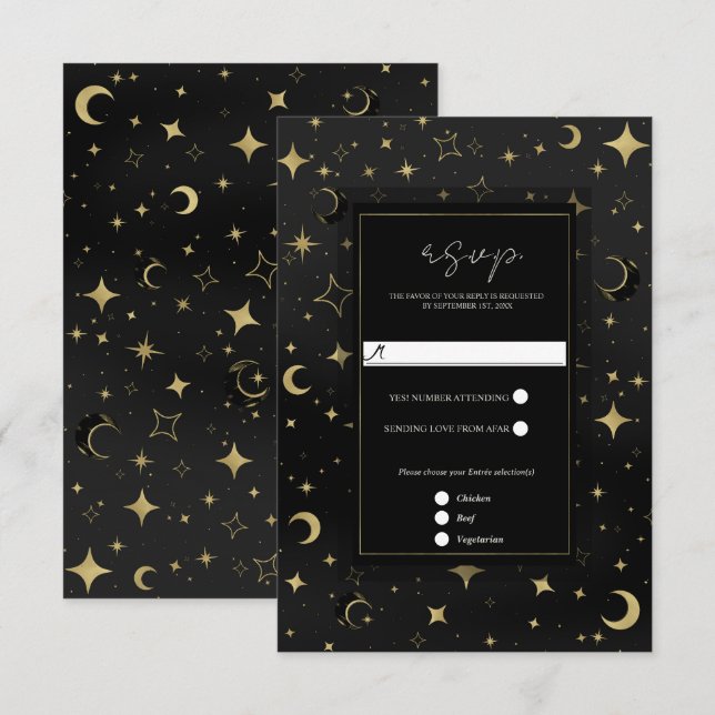 Black & Gold Celestial Moon Stars Wedding RSVP Card (Front/Back)