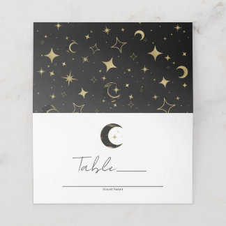 Black & Gold Celestial Moon Stars Wedding Table Place Card