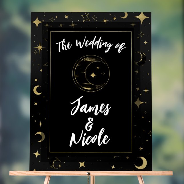 Black & Gold Celestial Moon Stars Wedding Welcome Acrylic Sign (Neutral)