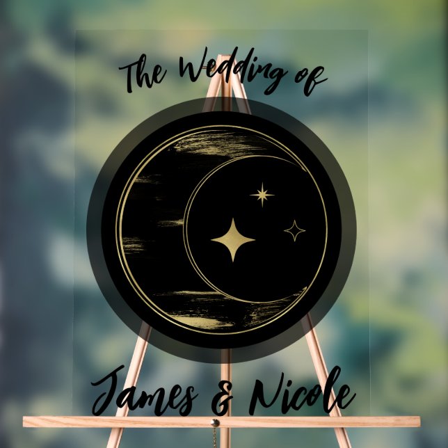 Black & Gold Celestial Moon Stars Wedding Welcome Acrylic Sign (Neutral)