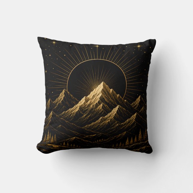 Black Gold Celestial Mountain Throw Pillow (Front)