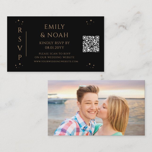 Black Gold Celestial QR Wedding RSVP Enclosure Card (Front/Back)
