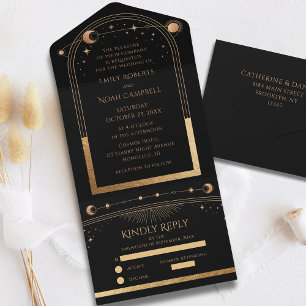 Black Gold Celestial Sun Moon Stars Wedding All In One Invitation