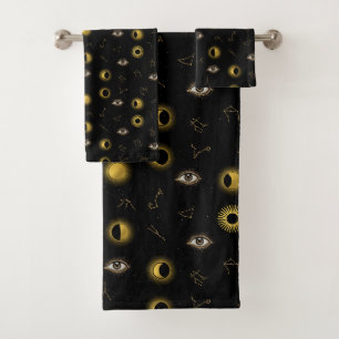 Black Gold Celestial Sun & Moon Zodiac Eye Bath Towel Set