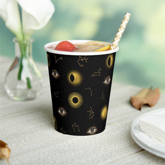 Black Gold Celestial Sun & Moon Zodiac Eye Paper Cups (Insitu)