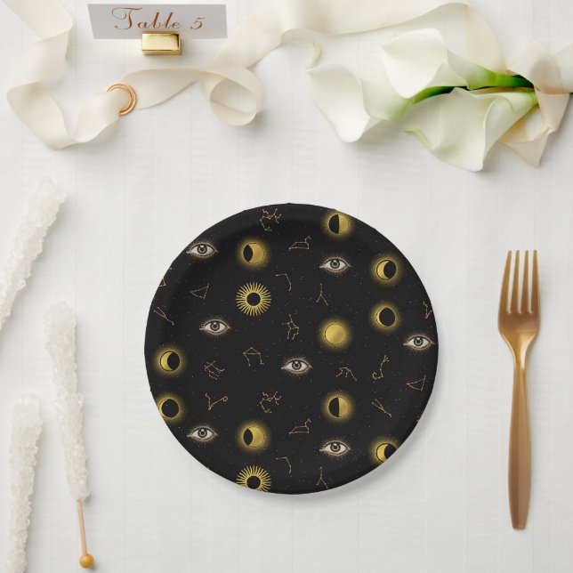 Black Gold Celestial Sun & Moon Zodiac Eye Paper Plate (Wedding)