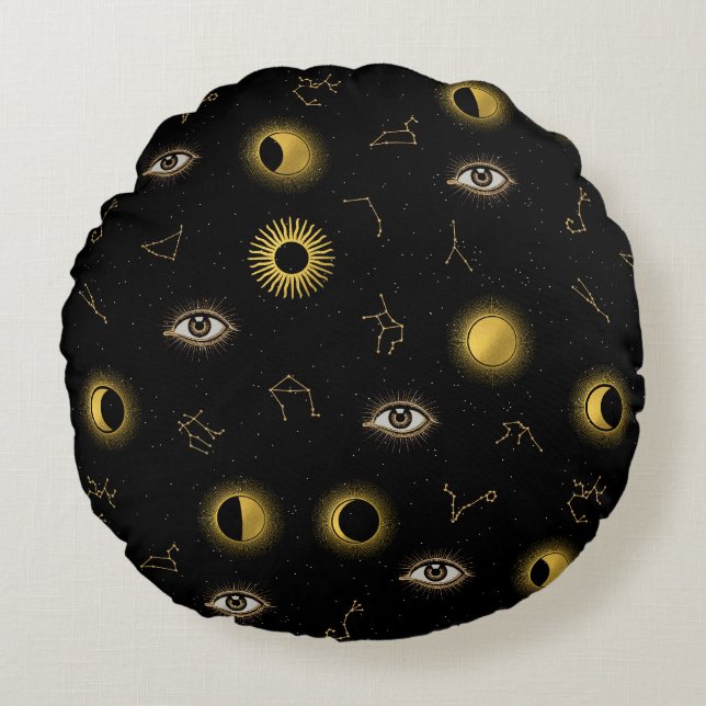 Black Gold Celestial Sun & Moon Zodiac Eye Round Cushion (Front)