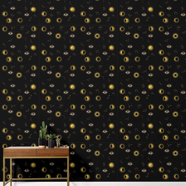 Black Gold Celestial Sun & Moon Zodiac Eye Wallpaper (Hallway)