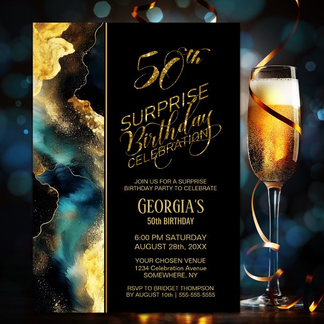 Black Gold Celestial Surprise 50th Birthday Party Invitation (Creator Uploaded)