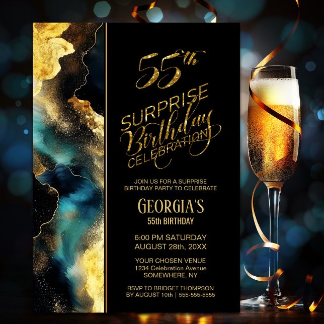 Black Gold Celestial Surprise 55th Birthday Party Invitation (Creator Uploaded)