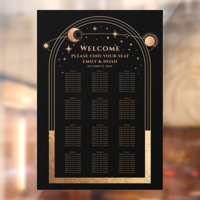 Black Gold Celestial Wedding Seating Chart Window Cling (Sheet 2)