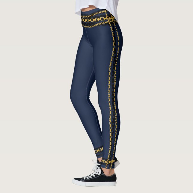 Black & Gold Chain Trim Navy Blue Leggings (Left)