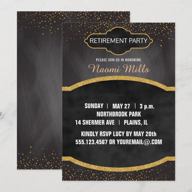 Black Gold Chalkboard Teacher Retirement Party Invitation (Front/Back)