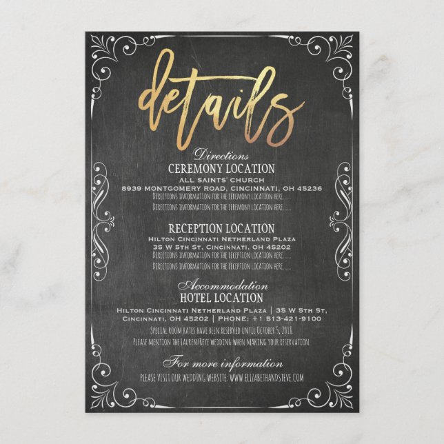 Black Gold Chalkboard Wedding Details Information Enclosure Card (Front)
