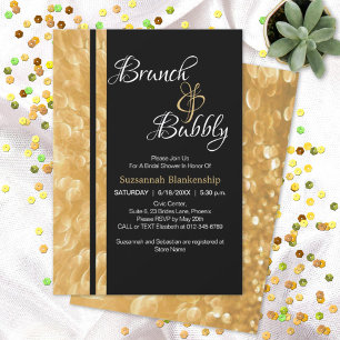 Black & Gold Champagne Bubble Brunch & Bubbly Invitation
