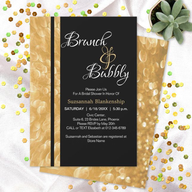 Black & Gold Champagne Bubble Brunch & Bubbly Invitation (Creator Uploaded)