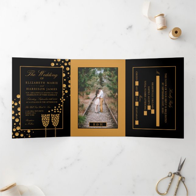 Black & Gold Champagne Bubbles, Wedding Suite Tri-Fold Invitation (Inside)