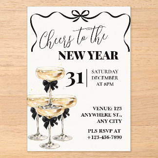 Black Gold Champagne Cheers New Years Eve Party Acrylic Invitations