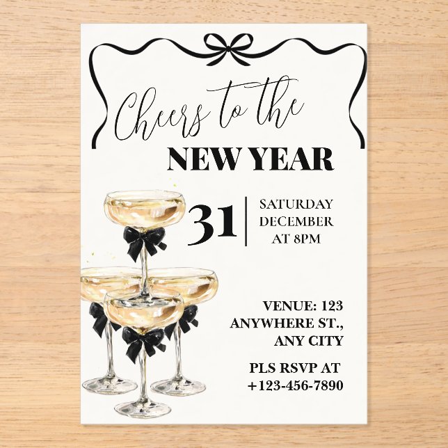 Black Gold Champagne Cheers New Years Eve Party Acrylic Invitations (Front)