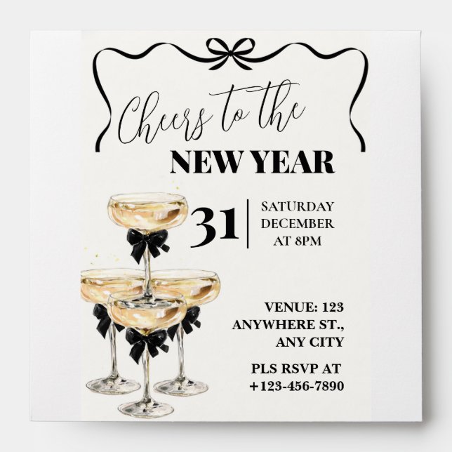 Black Gold Champagne Cheers New Years Eve Party Envelope (Front)