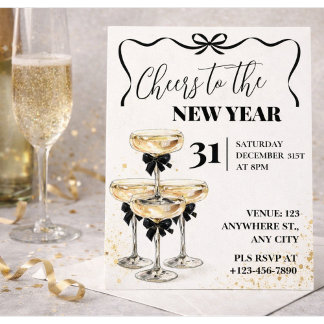 Black Gold Champagne Cheers New Years Eve Party Invitation