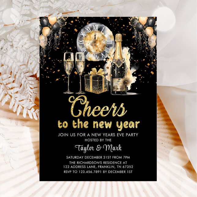 Black Gold Champagne Cheers New Years Eve Party Invitation (Creator Uploaded)