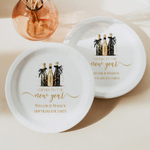 Black Gold Champagne Cheers New Years Eve Party Paper Plate