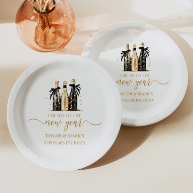 Black Gold Champagne Cheers New Years Eve Party Paper Plate (Creator Uploaded)