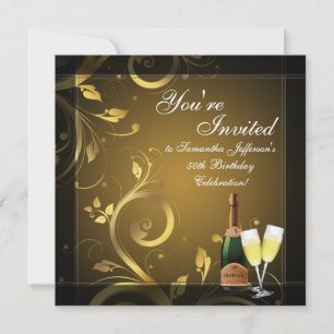 Black/Gold Champagne Custom 50th Birthday Party Invitation