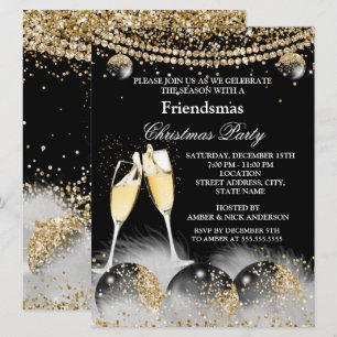 Black Gold Champagne Friendsmas Christmas Party Invitation