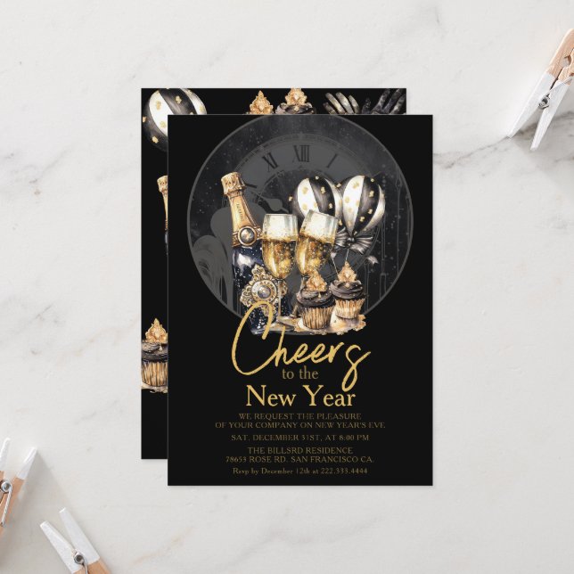 Black Gold Champagne New Year's Eve Celebration Invitation (Front/Back In Situ)
