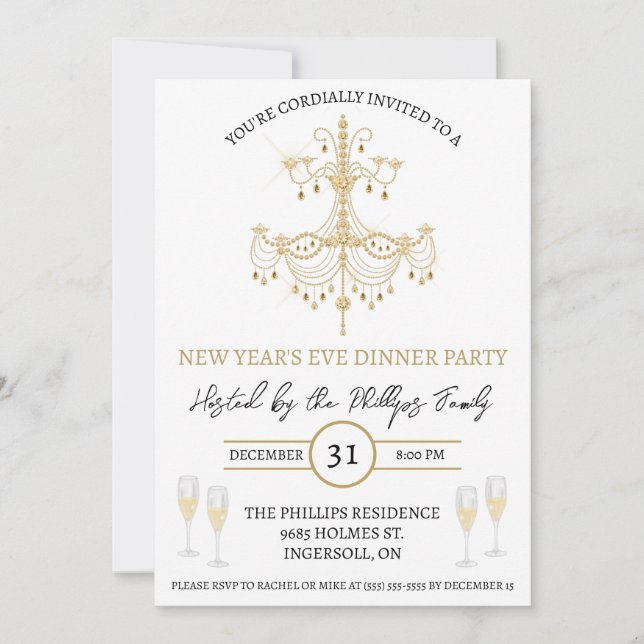 Black & Gold, Champagne, New Year's Eve Party Invitation (Front)