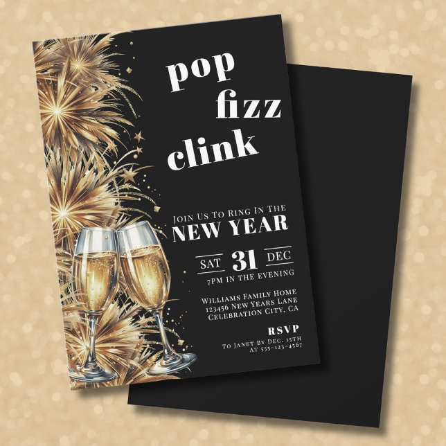 Black Gold Champagne Pop New Year's Eve Party Invitation (Black Gold Champagne Pop New Year's Eve Party Invitation)