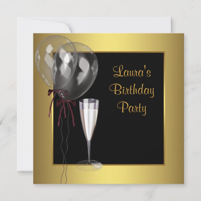 Black Gold Champagne Womans Birthday Party Invitation (Front)