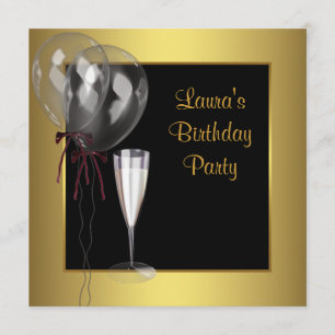 Black Gold Champagne Womans Birthday Party Invitation