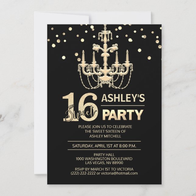 Black Gold Chandelier SWEET SIXTEEN 16 Party Invitation (Front)