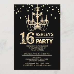 Black Gold Chandelier SWEET SIXTEEN 16 Party Invitation